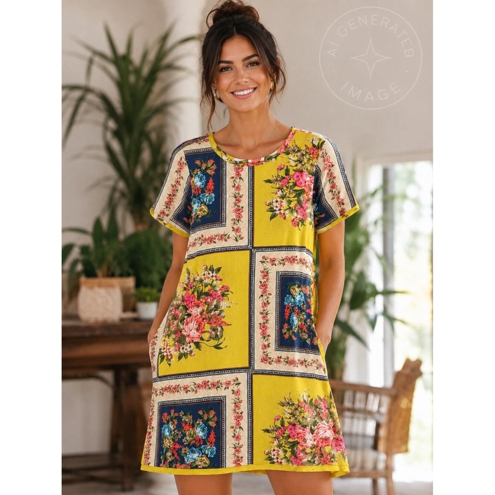 FARM Rio for Anthropologie Yellow Floral Patchwork Shift Dress Med Petite Boho
